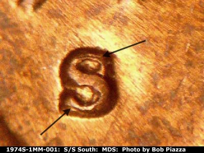 Die-stage B marker on 1974S•1MM•001 (1974 Repunched Mint Mark).