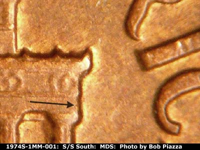 Die-stage B marker on 1974S•1MM•001 (1974 Repunched Mint Mark).