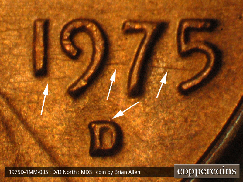 Die-stage B marker on 1975D•1MM•005 (1975 Repunched Mint Mark).