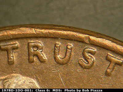 Die-stage B marker on 1978D•1DO•001 (1978 Doubled Die Obverse).