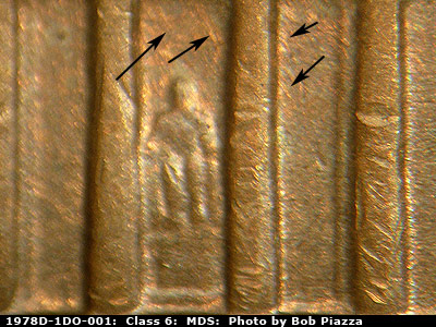 Die-stage B marker on 1978D•1DO•001 (1978 Doubled Die Obverse).