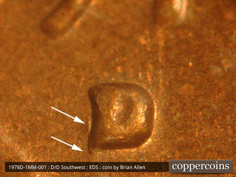 Die-stage A marker on 1978D•1MM•001 (1978 Repunched Mint Mark).