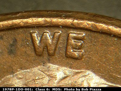 Die-stage B marker on 1978P•1DO•001 (1978 Doubled Die Obverse).
