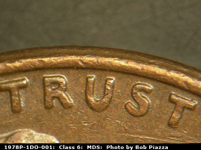 Die-stage B marker on 1978P•1DO•001 (1978 Doubled Die Obverse).
