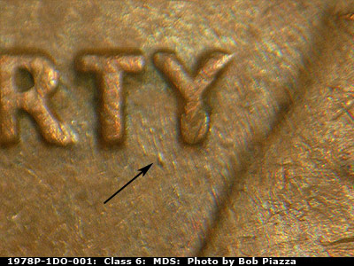 Die-stage B marker on 1978P•1DO•001 (1978 Doubled Die Obverse).