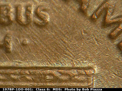 Die-stage B marker on 1978P•1DO•001 (1978 Doubled Die Obverse).