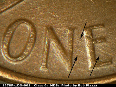 Die-stage B marker on 1978P•1DO•001 (1978 Doubled Die Obverse).