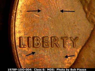 Die-stage B marker on 1978P•1DO•004 (1978 Doubled Die Obverse).