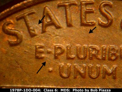 Die-stage B marker on 1978P•1DO•004 (1978 Doubled Die Obverse).