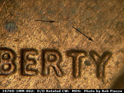 Die-stage B marker on 1979D•1MM•002 (1979 Repunched Mint Mark).