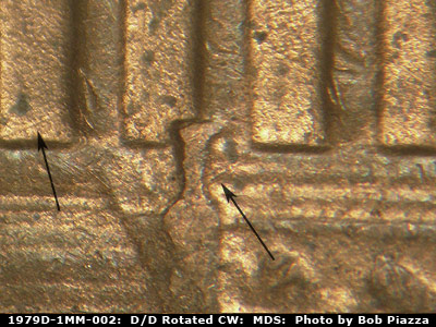 Die-stage B marker on 1979D•1MM•002 (1979 Repunched Mint Mark).
