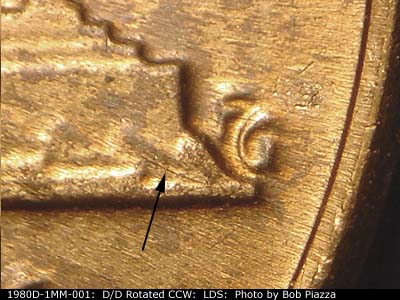 Die-stage C marker on 1980D•1MM•001 (1980 Repunched Mint Mark).