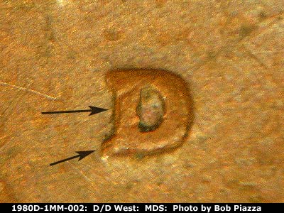 Die-stage B marker on 1980D•1MM•002 (1980 Repunched Mint Mark).