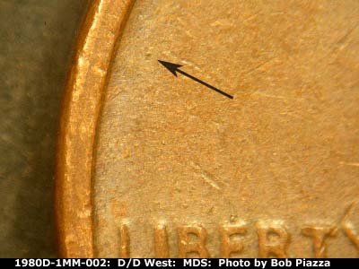 Die-stage B marker on 1980D•1MM•002 (1980 Repunched Mint Mark).