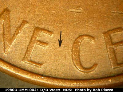 Die-stage B marker on 1980D•1MM•002 (1980 Repunched Mint Mark).