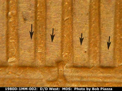 Die-stage B marker on 1980D•1MM•002 (1980 Repunched Mint Mark).
