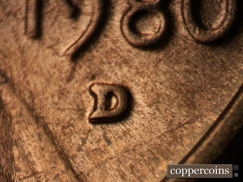 Die-stage C marker on 1980D•1MM•004 (1980 Repunched Mint Mark).