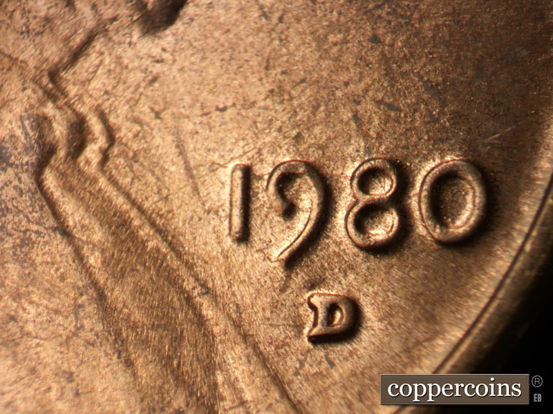 Die-stage C marker on 1980D•1MM•004 (1980 Repunched Mint Mark).