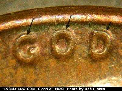 Die-stage B marker on 1981D•1DO•001 (1981 Doubled Die Obverse).
