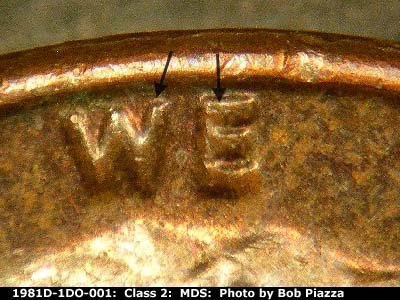 Die-stage B marker on 1981D•1DO•001 (1981 Doubled Die Obverse).