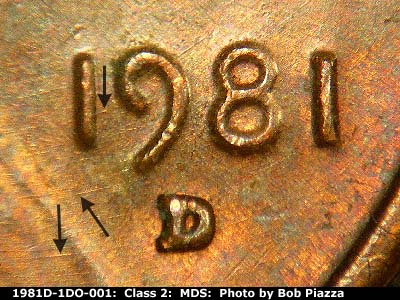 Die-stage B marker on 1981D•1DO•001 (1981 Doubled Die Obverse).