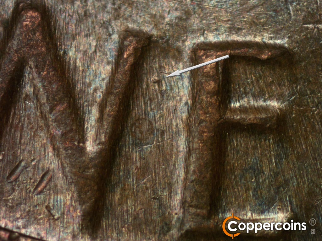 Die-stage B marker on 1981D•1MM•002 showing Die dot between NE in ONE.