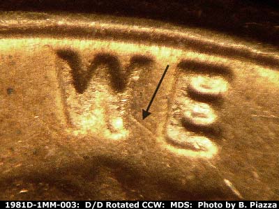 Die-stage B marker on 1981D•1MM•003 (1981 Repunched Mint Mark).