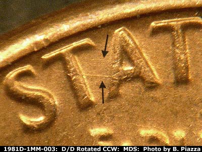 Die-stage B marker on 1981D•1MM•003 (1981 Repunched Mint Mark).