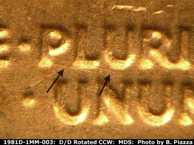 Die-stage B marker on 1981D•1MM•003 (1981 Repunched Mint Mark).