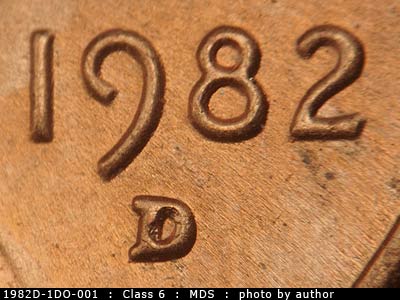 1982 Lincoln cent obverse, CopperCoins die 1982D•1DO•001.