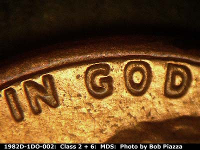 Die-stage B marker on 1982D•1DO•002 (1982 Doubled Die Obverse).