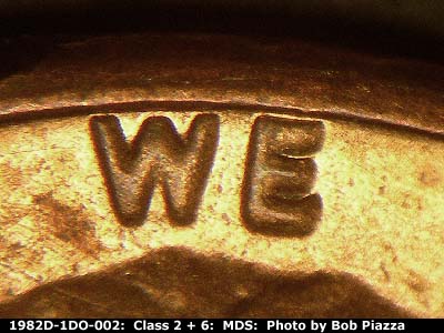 Die-stage B marker on 1982D•1DO•002 (1982 Doubled Die Obverse).