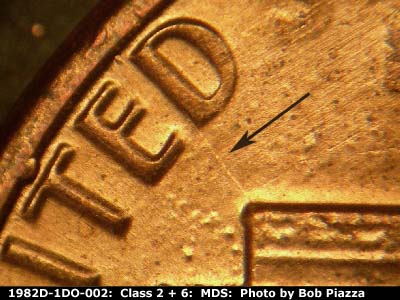 Die-stage B marker on 1982D•1DO•002 (1982 Doubled Die Obverse).