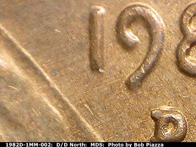 Die-stage B marker on 1982D•1MM•002 (1982 Repunched Mint Mark).