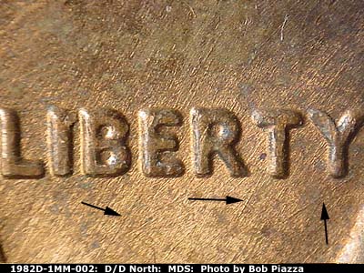 Die-stage B marker on 1982D•1MM•002 (1982 Repunched Mint Mark).