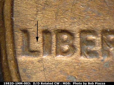 Die-stage B marker on 1982D•1MM•003 (1982 Repunched Mint Mark).