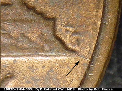 Die-stage B marker on 1982D•1MM•003 (1982 Repunched Mint Mark).