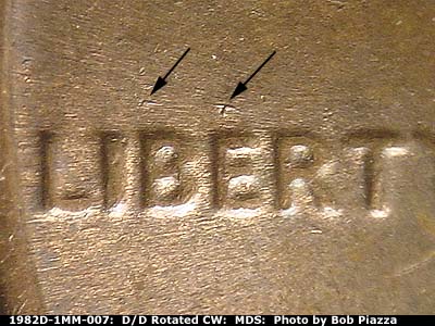 Die-stage B marker on 1982D•1MM•007 (1982 Repunched Mint Mark).