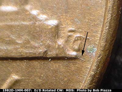 Die-stage B marker on 1982D•1MM•007 (1982 Repunched Mint Mark).