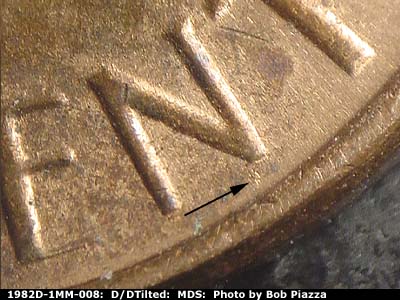 Die-stage B marker on 1982D•1MM•008 (1982 Repunched Mint Mark).