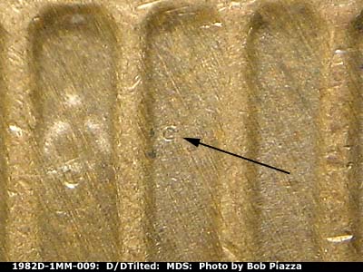 Die-stage B marker on 1982D•1MM•009 (1982 Repunched Mint Mark).