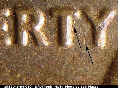 Die-stage B marker on 1982D•1MM•010 (1982 Repunched Mint Mark).