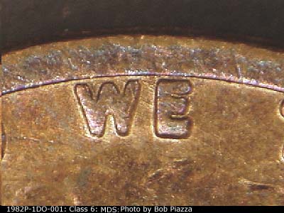 Die-stage B marker on 1982P•1DO•001 (1982 Doubled Die Obverse).