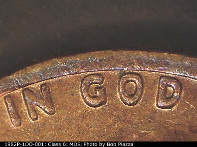 Die-stage B marker on 1982P•1DO•001 (1982 Doubled Die Obverse).