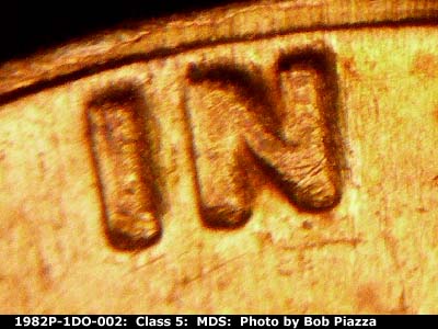 Die-stage B marker on 1982P•1DO•002 (1982 Doubled Die Obverse).