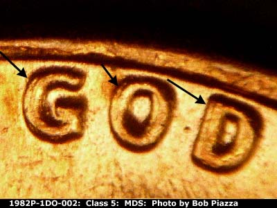 Die-stage B marker on 1982P•1DO•002 (1982 Doubled Die Obverse).