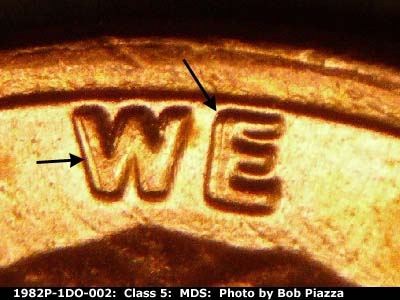 Die-stage B marker on 1982P•1DO•002 (1982 Doubled Die Obverse).