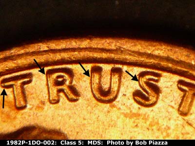 Die-stage B marker on 1982P•1DO•002 (1982 Doubled Die Obverse).