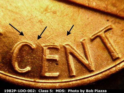 Die-stage B marker on 1982P•1DO•002 (1982 Doubled Die Obverse).
