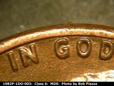 Die-stage B marker on 1982P•1DO•003 (1982 Doubled Die Obverse).
